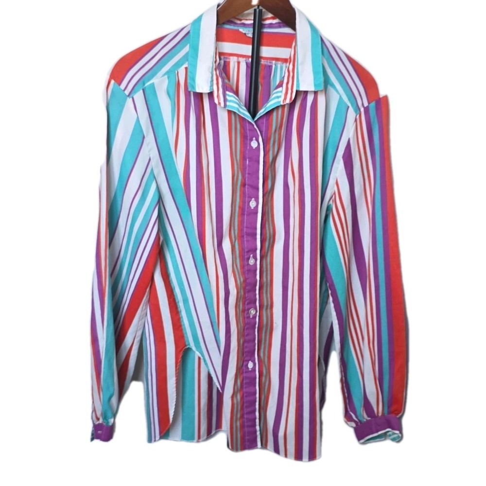 Vintage 80s Campus Casuals Rainbow Stripe Button Up Shirt. Vibrant retro blouse
